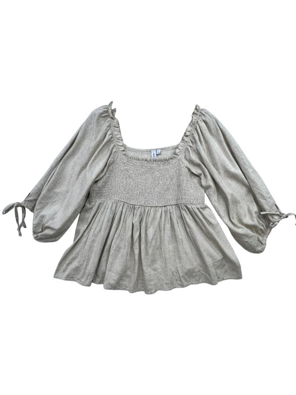 Grace + Karma Women's Linen Smocked Peasant Blouse Balloon Sleeve Size L Beige